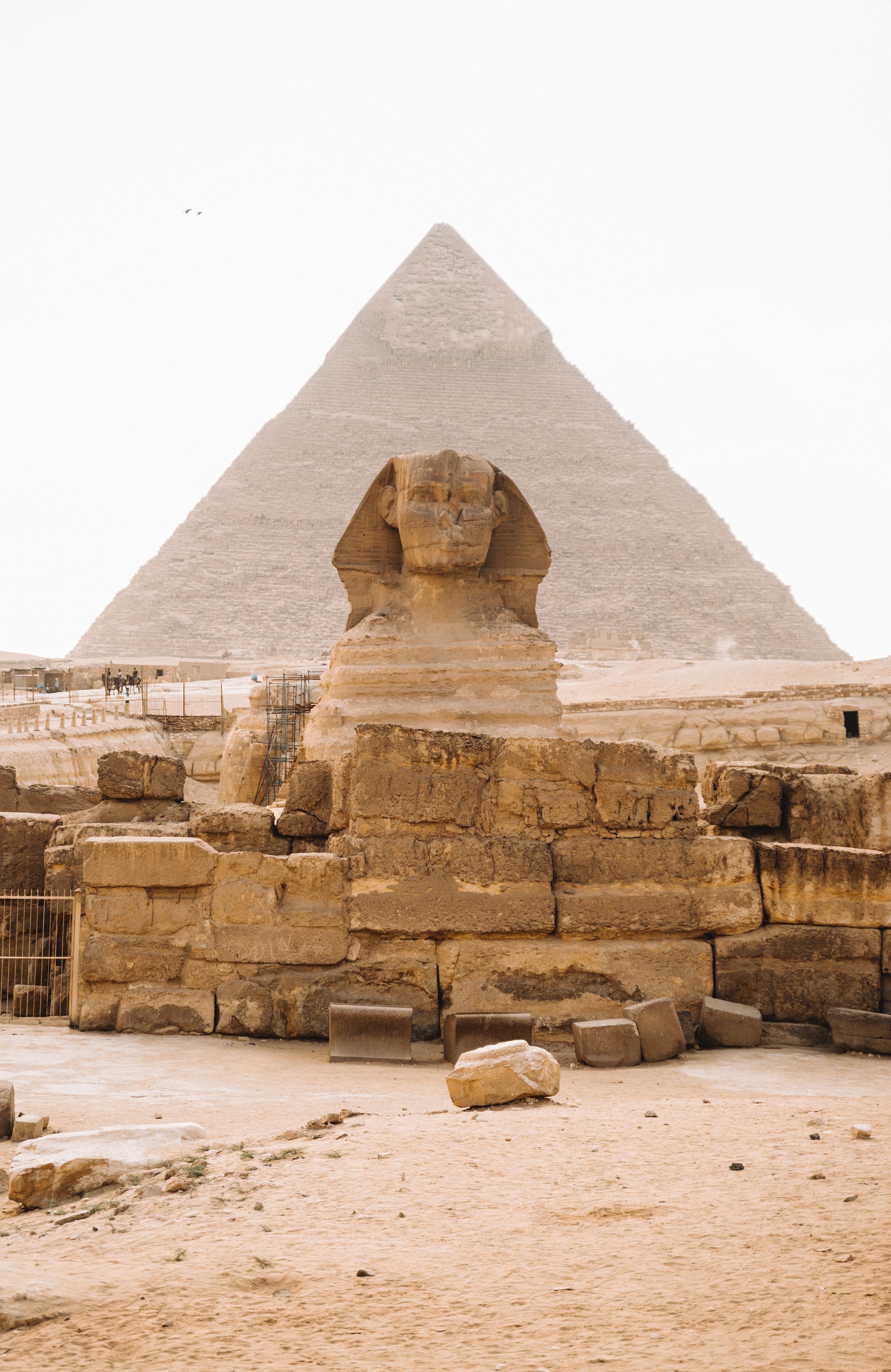 The Great Sphinx of Giza with the Pyramid of Khafre rising behind it